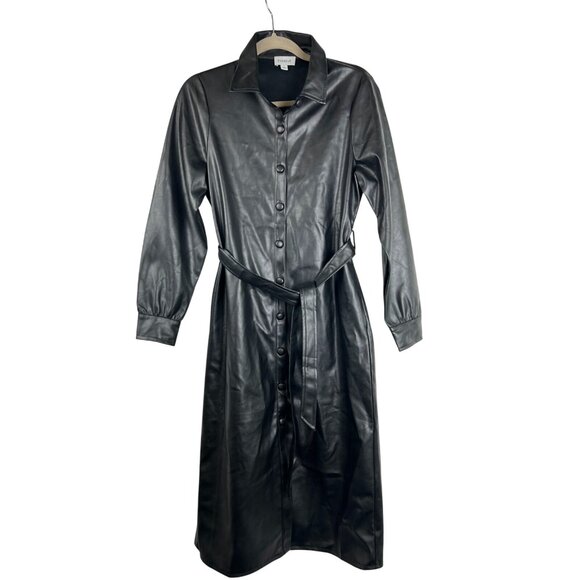 Evereve Small Womens Black Vegan Faux Leather Button Up Midi Dress Trench - Picture 7 of 16